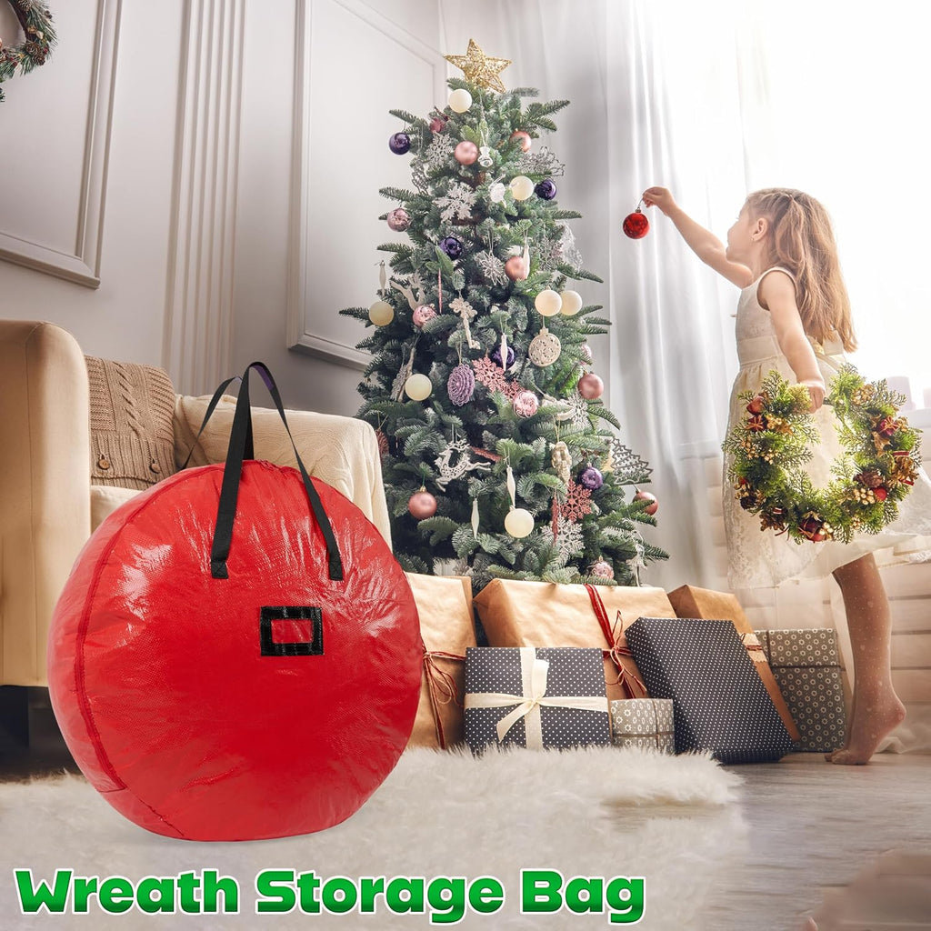 Christmas Ornament Storage Box Christmas Decoration Storage Baubles Box with Dividers Zipped Wreath Bag Decorations Bags (Red Wreath Bag)