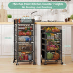 6-Tier Rolling Cart with 5 Drawers & Top Basket, Snack Cart with Wheels | Metal Utility Storage Cart - Fruit Vegetable Rack on Wheels, Kitchen Organization for Cans, Spices, Craft, Art, Beauty