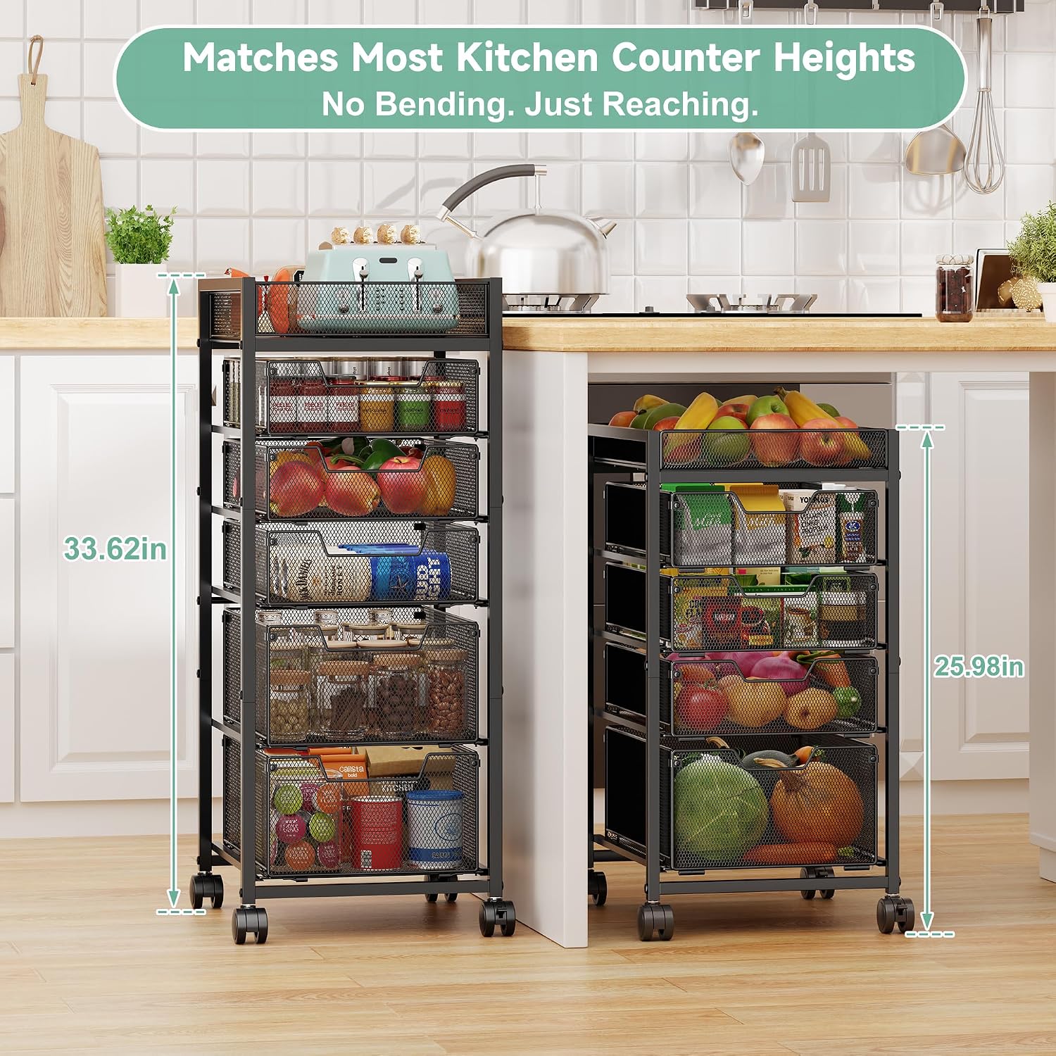 6-Tier Rolling Cart with 5 Drawers & Top Basket, Snack Cart with Wheels | Metal Utility Storage Cart - Fruit Vegetable Rack on Wheels, Kitchen Organization for Cans, Spices, Craft, Art, Beauty