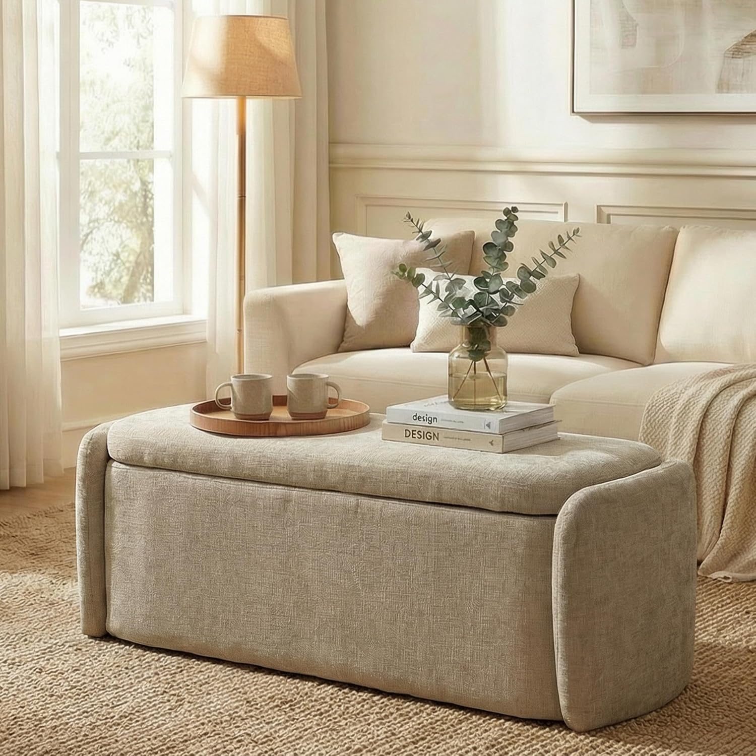 VKNOW 46" Oval Storage Ottoman Bench, Upholstered End of Bed Bench Ottomans Bench Foot Rest, Sherpa Storage Bench for Bedroom, Living Room and Hallway, Light Brown