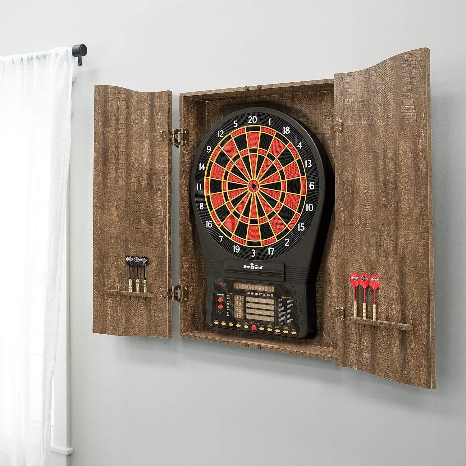 DMI Sports MI Sports Brown CricketPro Dartboard Cabinet | Designed for Arachnid 15.5” CricketPro 900, 800, 750, 650 Electronic Dartboards | Does Not Include Dartboard