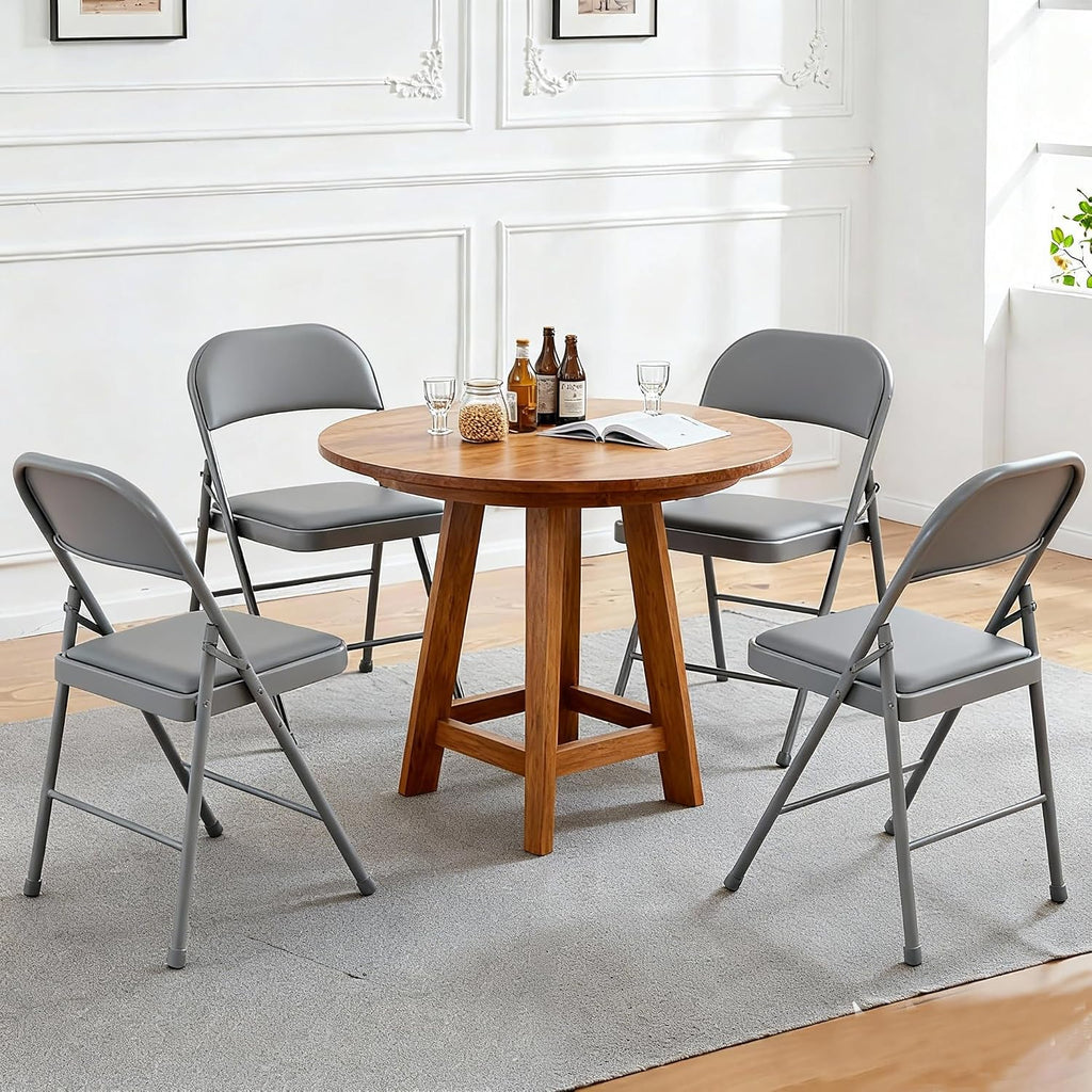 Simple Deluxe Dining Chairs Set of 4, Leather Cushion Foldable Modern Kitchen Side Chair with Padded Back& Metal Legs, Upholstered Dinner Seat Gift for Home/Living Room/Bedroom/Restaurant, Grey