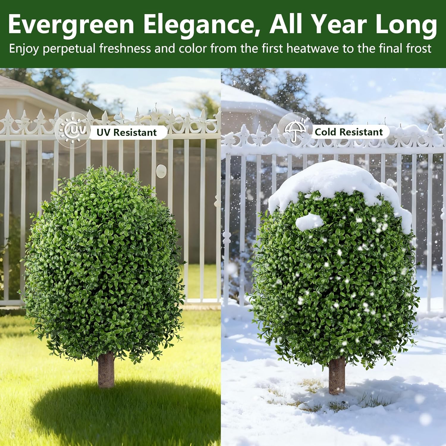 INSPRING 27'' Artificial Boxwood Topiary Trees Outdoor Fake Bushes Plants UV Resistant Evergreen Shrubs with Metal Ground Spike for Porch Patio Garden, 2 Pack