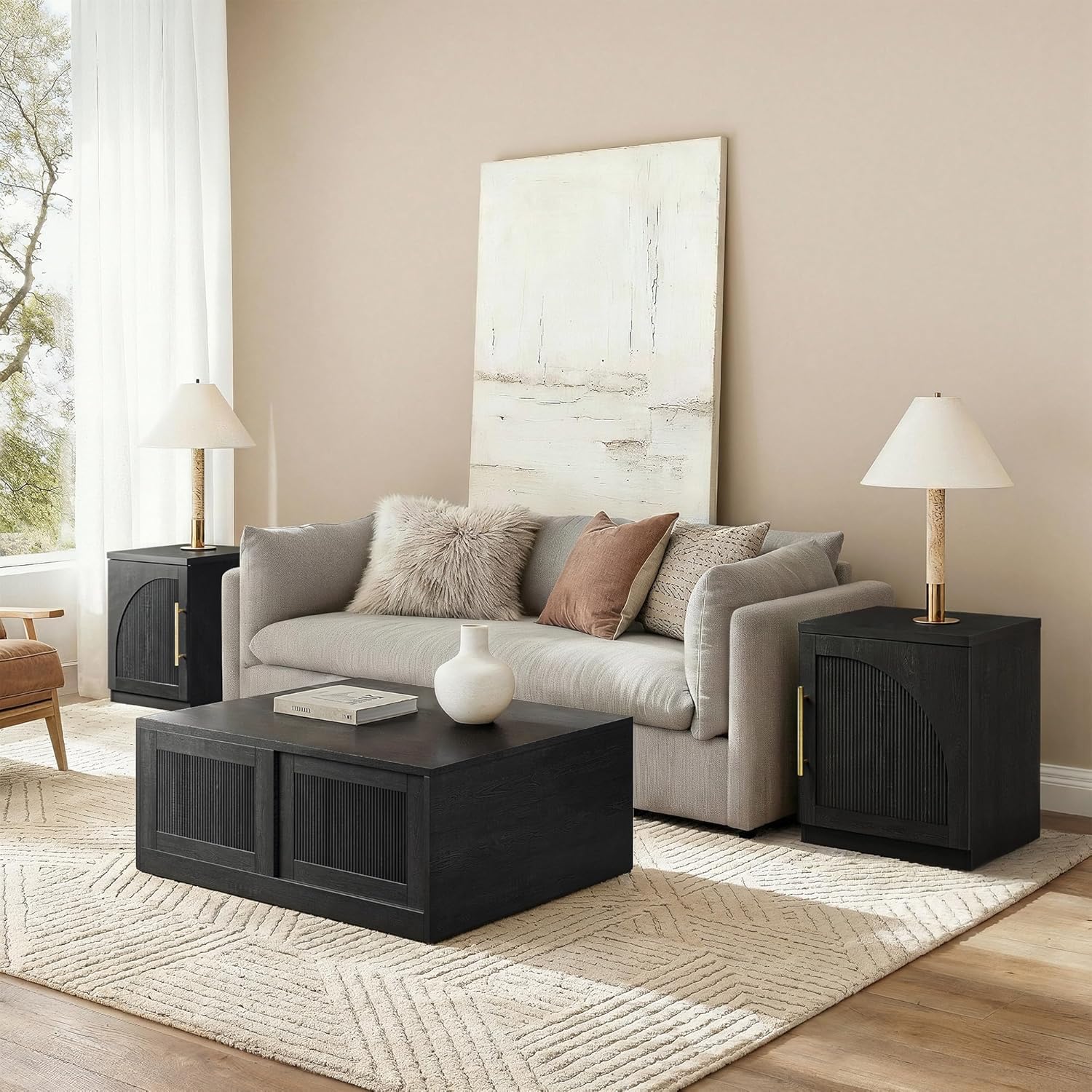 ModernMate Set of 2 Nightstands, 37" Modular Accent End Tables with Arched Door and Open Shelves, Wood Grain Bedside Side Tables for Living Room, Bedroom, Black
