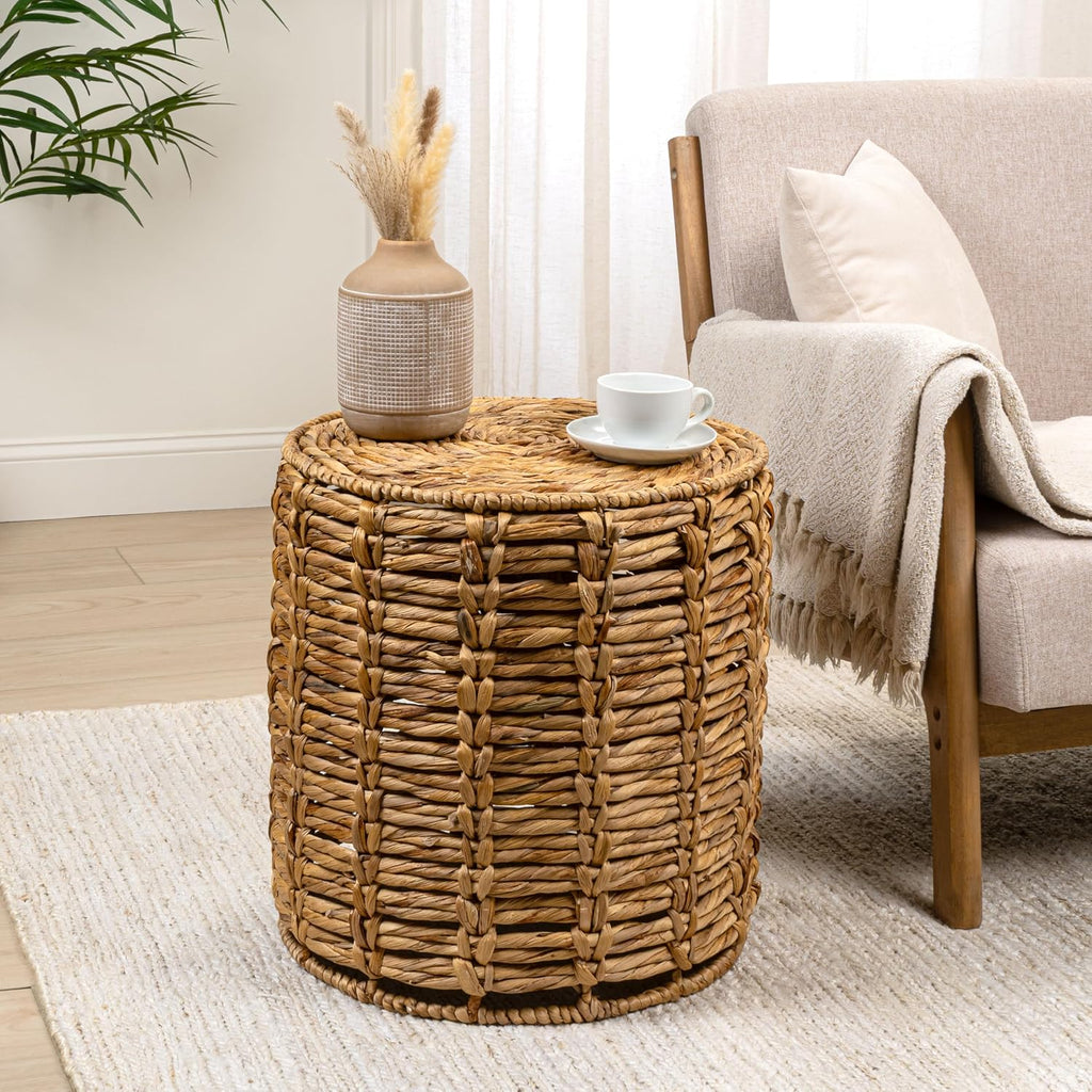 JONATHAN Y Zaria Water Hyacinth and Iron 3-Piece Nesting Table for Living Room with Drum Silhouette, Coastal Round Handwoven Side Tables, Natural TBL2503A-3SET