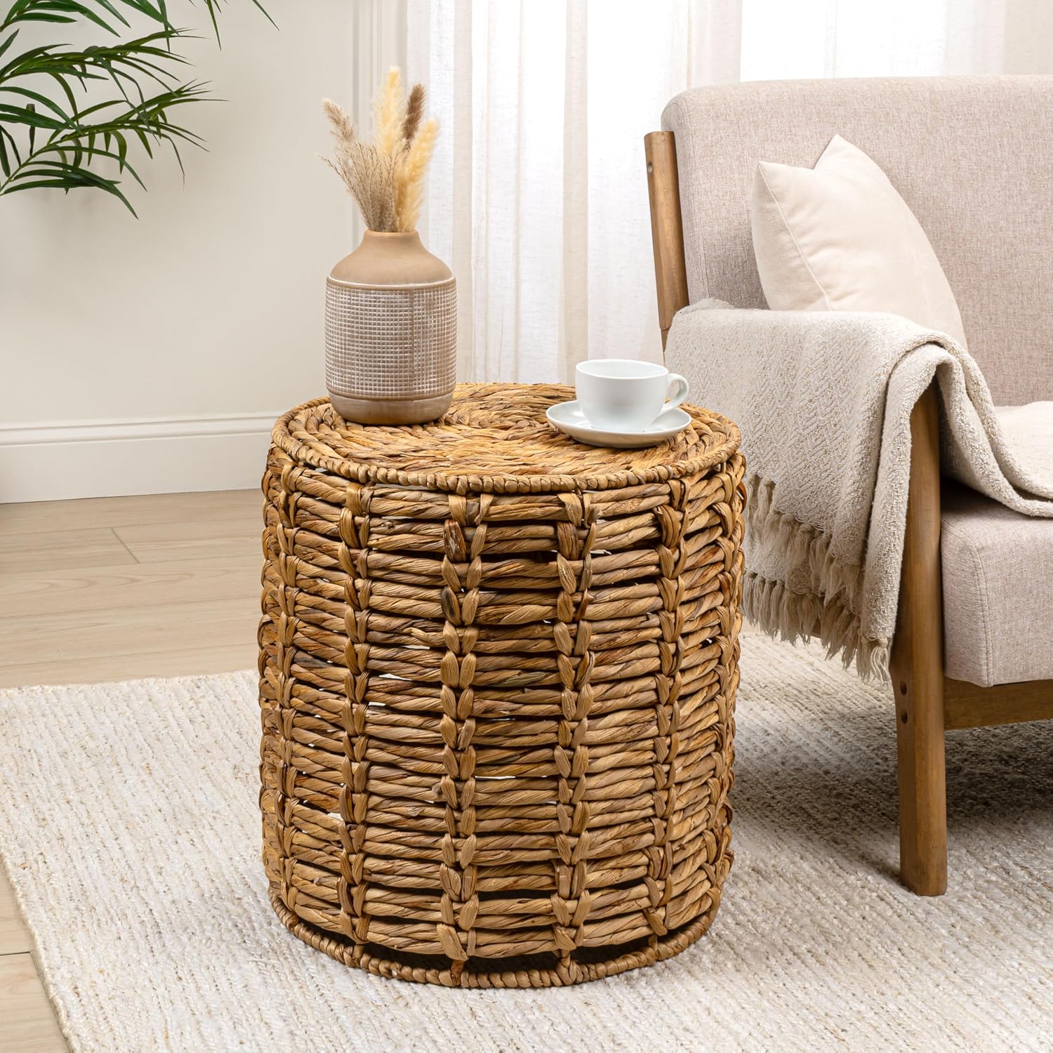 JONATHAN Y Zaria Water Hyacinth and Iron 3-Piece Nesting Table for Living Room with Drum Silhouette, Coastal Round Handwoven Side Tables, Natural TBL2503A-3SET