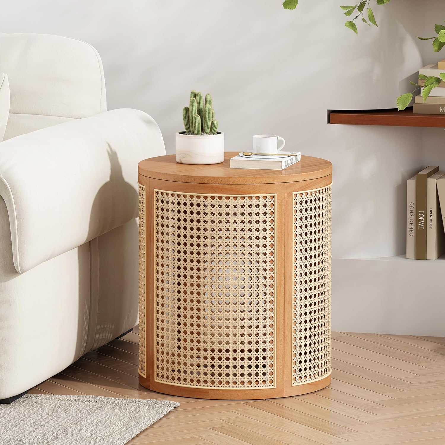 Merax 15.7" Round End Table Artistic Rattan Hollow Woven Accent Side Table, Rubber Wood Nightstand, Chic Home Decor for Living Room Bedroom, Easy Assembly, Natural Color