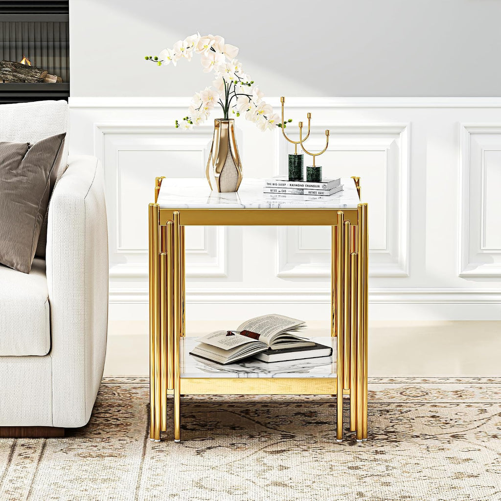 19" Square White Faux Marble End Table with Gold Mirror-Finish Stainless Steel Frame, Luxury Modern 2-Tier Side Table for Living or Bedroom
