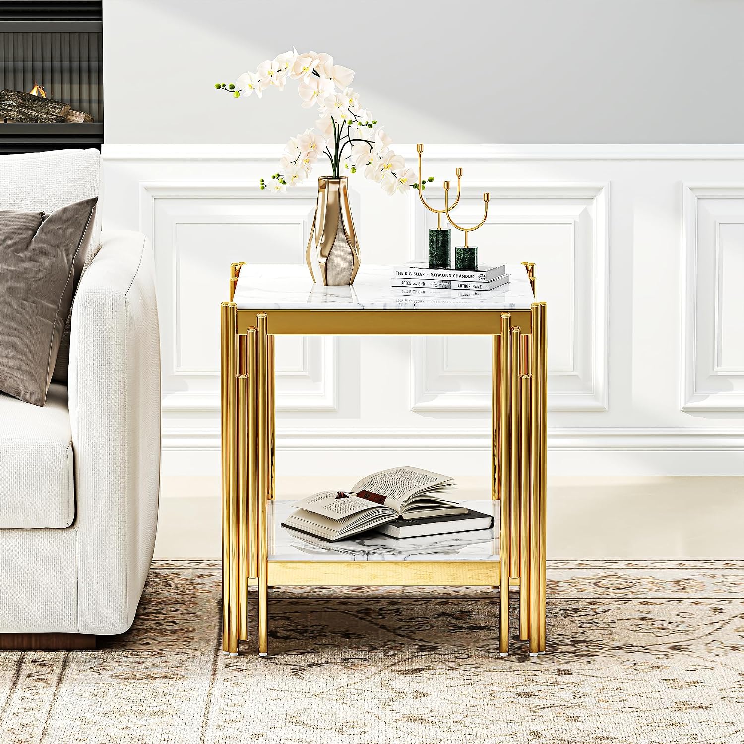 19" Square White Faux Marble End Table with Gold Mirror-Finish Stainless Steel Frame, Luxury Modern 2-Tier Side Table for Living or Bedroom