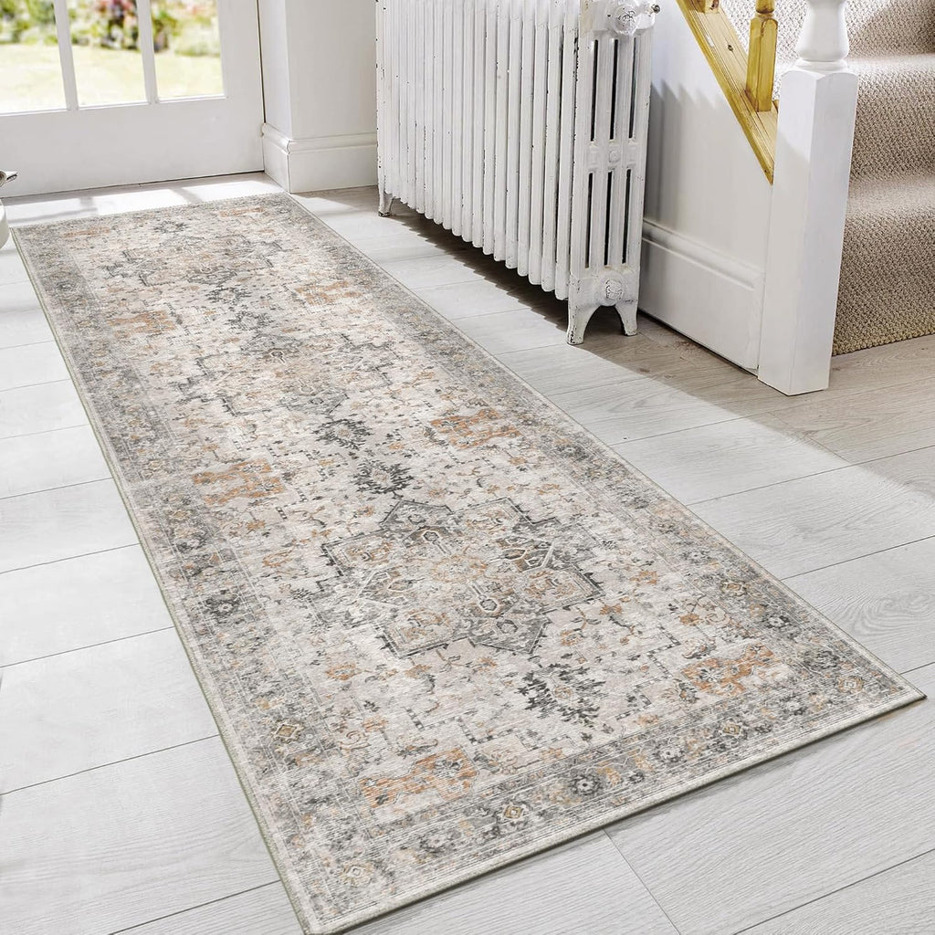 GENIMO 5X7 Area Rugs for Living Room, Machine Washable Non Slip Vintage Area Rugs, Low Pile Lightweight Print Rug for Bedroom, Dining Room, Home Office, Light Taupe Brown