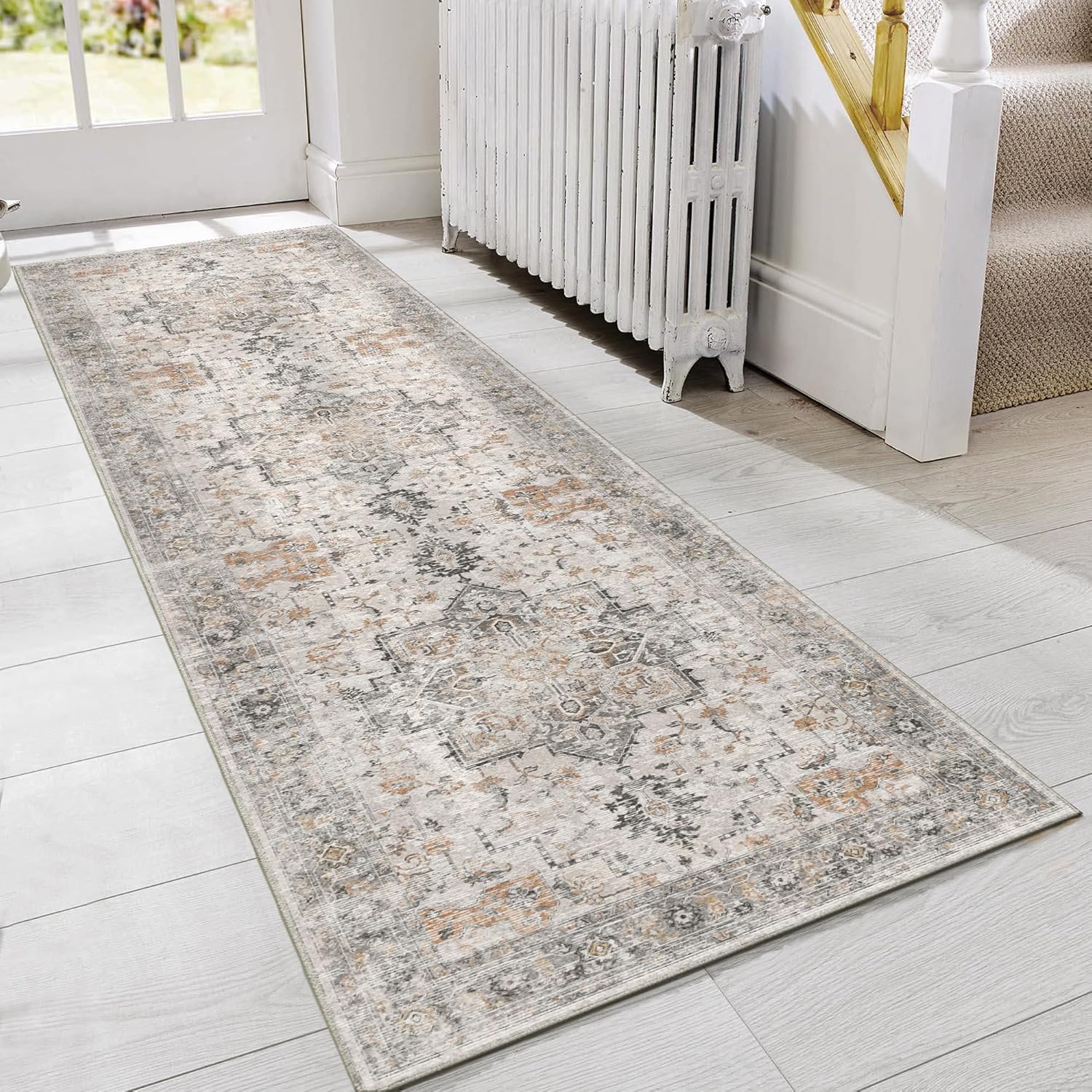 GENIMO 5X7 Area Rugs for Living Room, Machine Washable Non Slip Vintage Area Rugs, Low Pile Lightweight Print Rug for Bedroom, Dining Room, Home Office, Light Taupe Brown