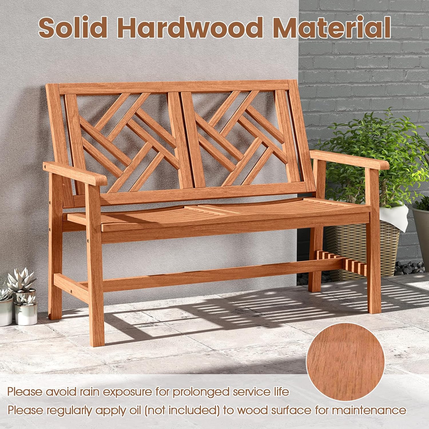 Tangkula Outdoor Wood Bench, 2-Person Patio Loveseat Chair with Geometric Backrest, Built-in Armrests & Slatted Seat, 660 lbs Weight Capacity, Garden Bench for Porch, Backyard & Poolside