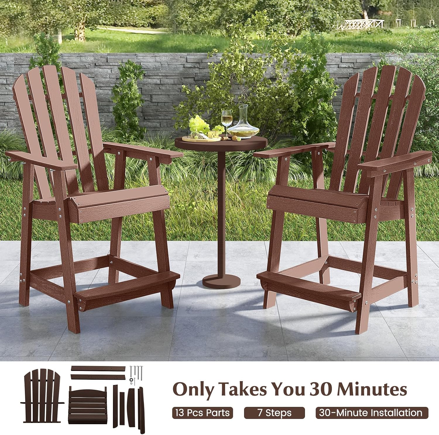 Tangkula Outdoor Bar Stool, HDPE Tall Adirondack Chair with Armrest & Footrest, Weather Resistant 47 Inch Counter Height Barstool Lifeguard Chair for Pool Deck Patio Garden, Balcony Chairs (2, Coffee)