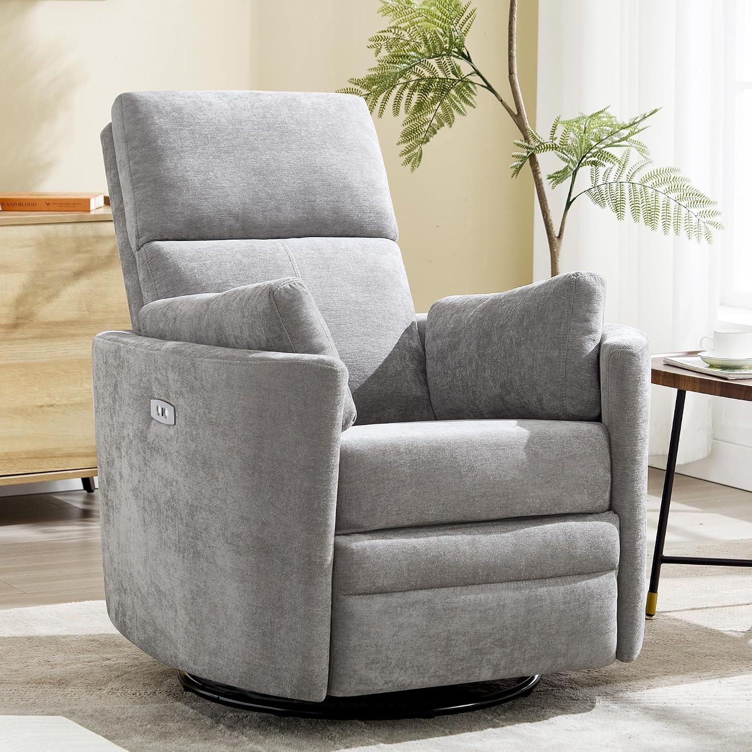 Power Recliner,Nursery Swivel Glider Rocking Chair with USB Port,Upholstered Adult Recliner Nursery Rocker Chair with 2 Pillows for Living Room Bedroom Nursery(Lightgrey, Power-Driven)