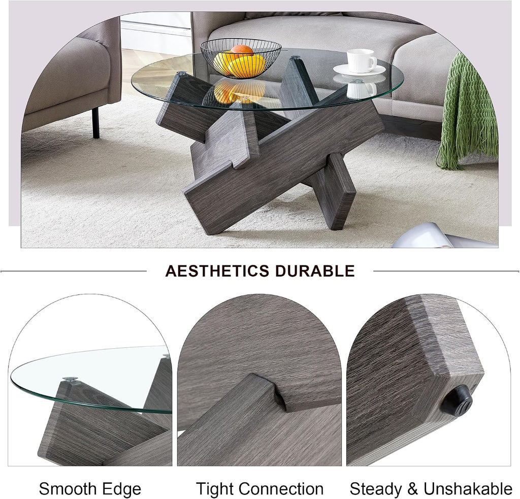 Round Glass Top Coffee Tables, 33.4 Inch Gray Coffee Table with Crossed Legs, Modern Mid Century Round Coffee Tables for Living Room, Circle Glass Coffee Tables for Living Room