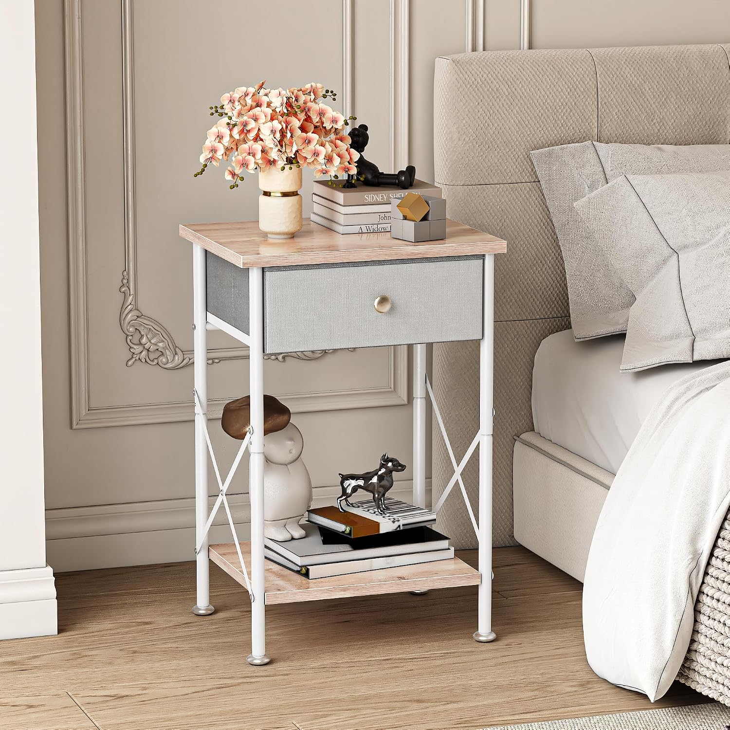 VECELO End Tables, Modern Nightstand with Fabric Drawer & Open Shelf, Night Stand for Bedroom Living Room, Industrial Metal Frame, Easy Assembly, White,1 Pack