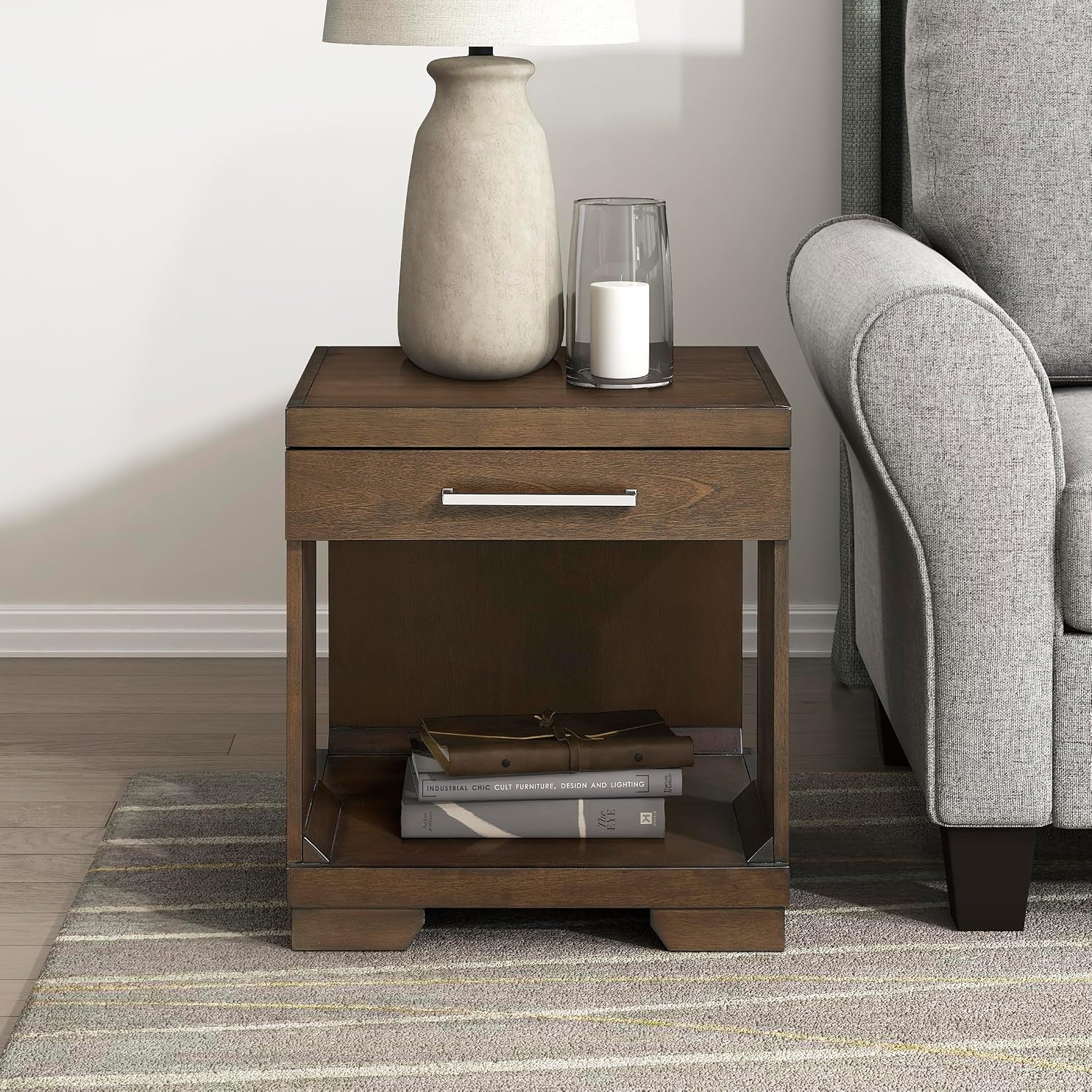 Lexicon Rectangle Wood End Table with Drawer and Lower Open Shelf, Mango Wood Veneer Small Side Table for Contemporary Living Room/Bedroom, Fully Assembled, Espresso