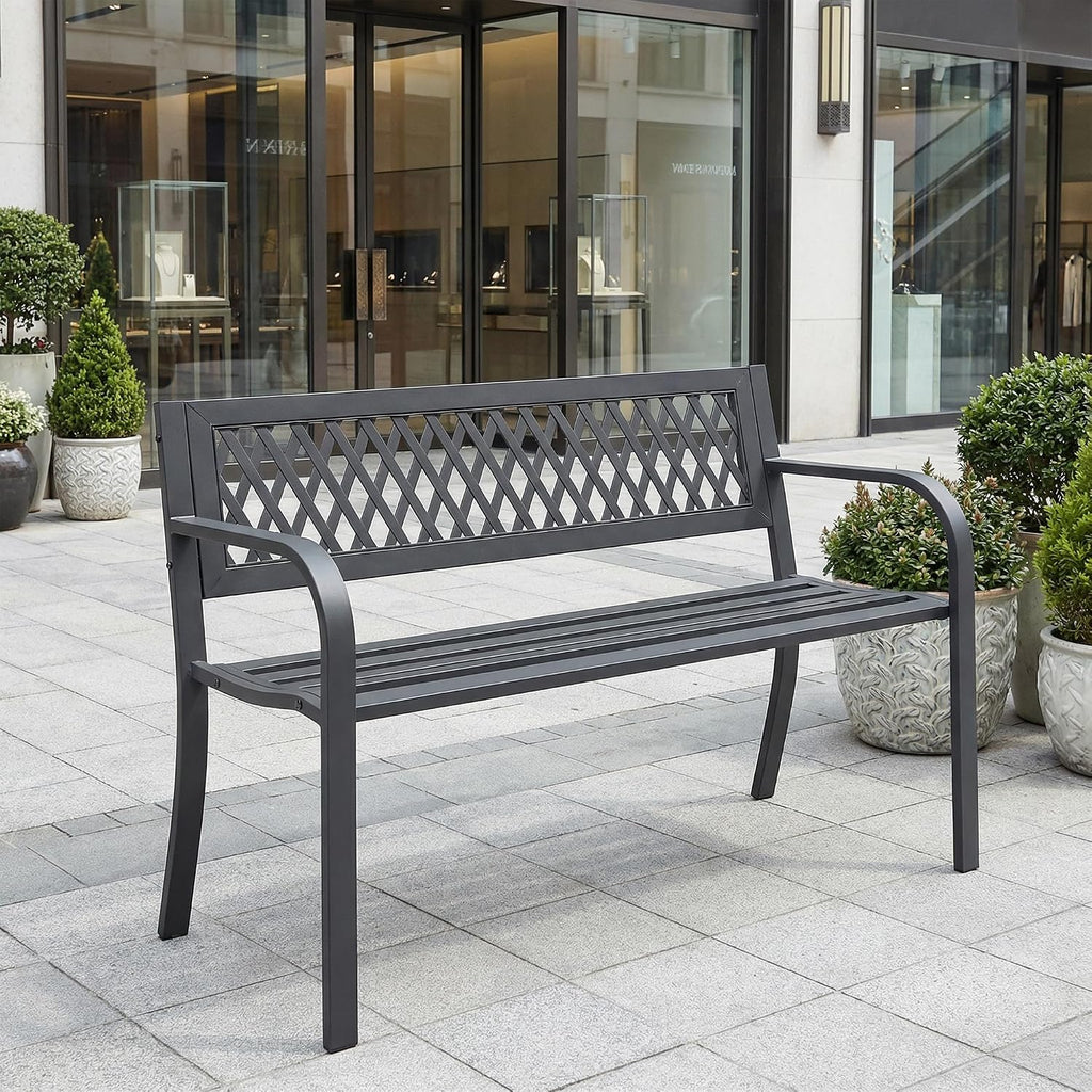 Outdoor Garden Bench, Weatherproof Metal Park Bench for Garden Lawn Porch Park Backyard, Sturdy Steel Patio Bench with Ergonomic Backrest for Front Porch Entryway Outside Seating, Black