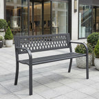 Outdoor Garden Bench, Weatherproof Metal Park Bench for Garden Lawn Porch Park Backyard, Sturdy Steel Patio Bench with Ergonomic Backrest for Front Porch Entryway Outside Seating, Black