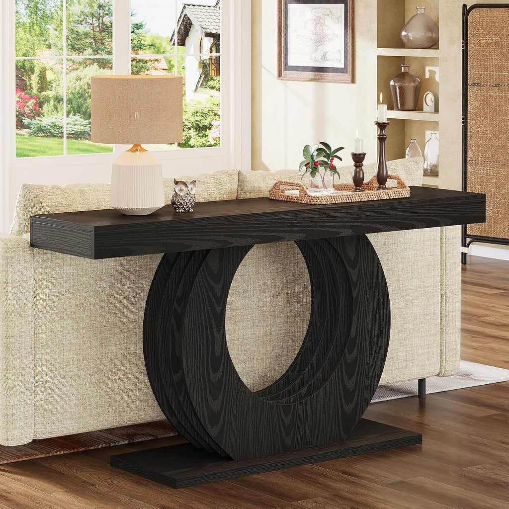 Tribesigns 63-Inch Console Sofa Table, Rustic Industrial Farmhouse Entryway Table, Narrow Long Couch Console Behind Sofa with Black Circle Base for Living Room Hallway, Black