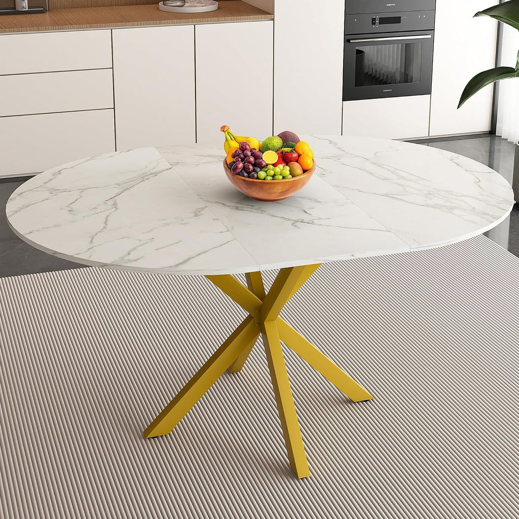 42''-59'' Extendable Dining Room Table for 4-6, White Marble Round Dining Table, Modern Kitchen Circle Oval Dinner Table with Carbon Steel Base Removable Leaves Space Saving, Mid-Century