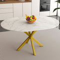 42''-59'' Extendable Dining Room Table for 4-6, White Marble Round Dining Table, Modern Kitchen Circle Oval Dinner Table with Carbon Steel Base Removable Leaves Space Saving, Mid-Century