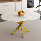 42''-59'' Extendable Dining Room Table for 4-6, White Marble Round Dining Table, Modern Kitchen Circle Oval Dinner Table with Carbon Steel Base Removable Leaves Space Saving, Mid-Century