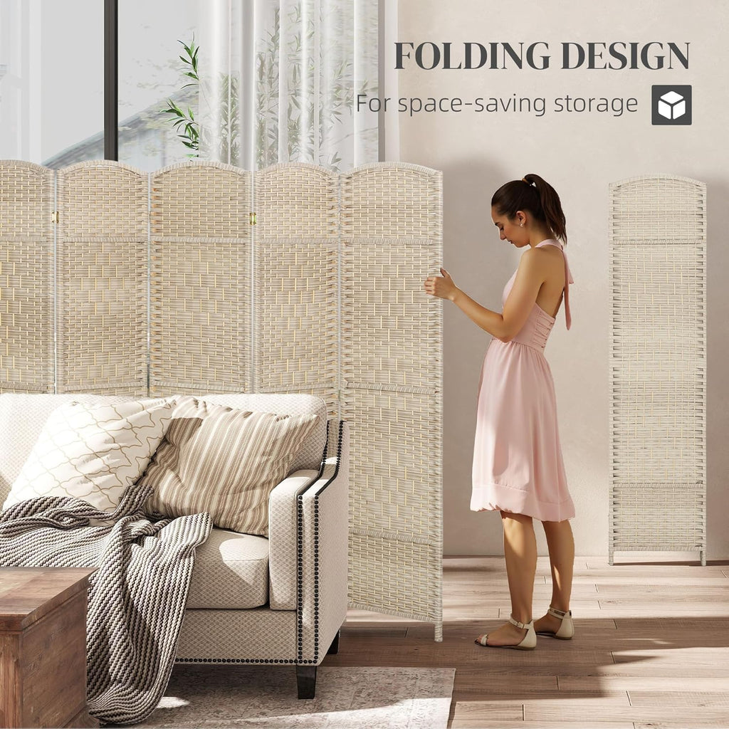 HOMCOM Room Divider, 6 Ft 6 Panel Folding Privacy Screen, Hand-Woven PP Wall Partition with Pine Wood Frame, Freestanding Room Separator for Bedroom, Home Office, No Assembly, Washed Oak