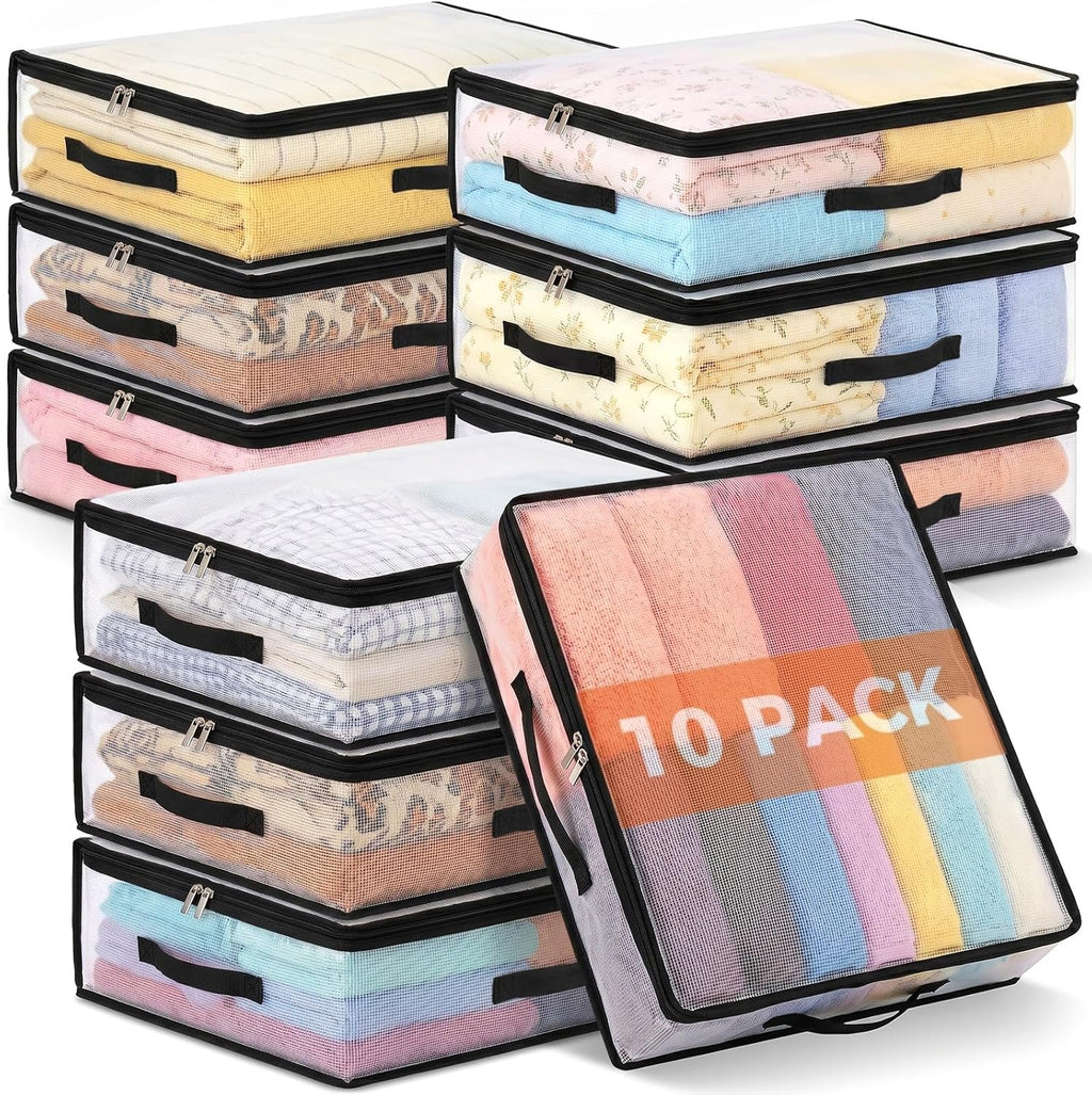 10Pcs Clear Storage Bags With Zippers and 3 Handles, 21L Plastic Clothes Blanket Storage Bags and Under Bed Storage Organizers for Sheets Bedding Comforter Linen Sweaters Toys, 15.7x13.8x5.9In