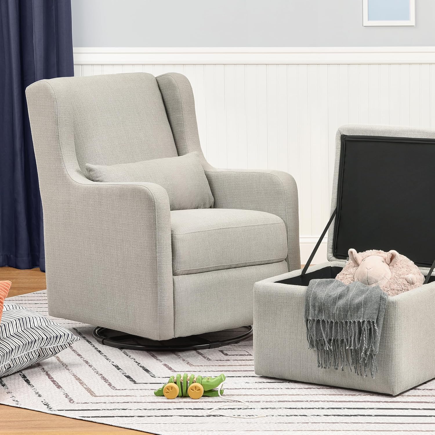 Carter's by DaVinci Adrian Swivel Glider with Storage Ottoman Performance Grey Linen, Water Repellent and Stain Resistant Fabric, Greenguard Gold & CertiPUR-US Certified