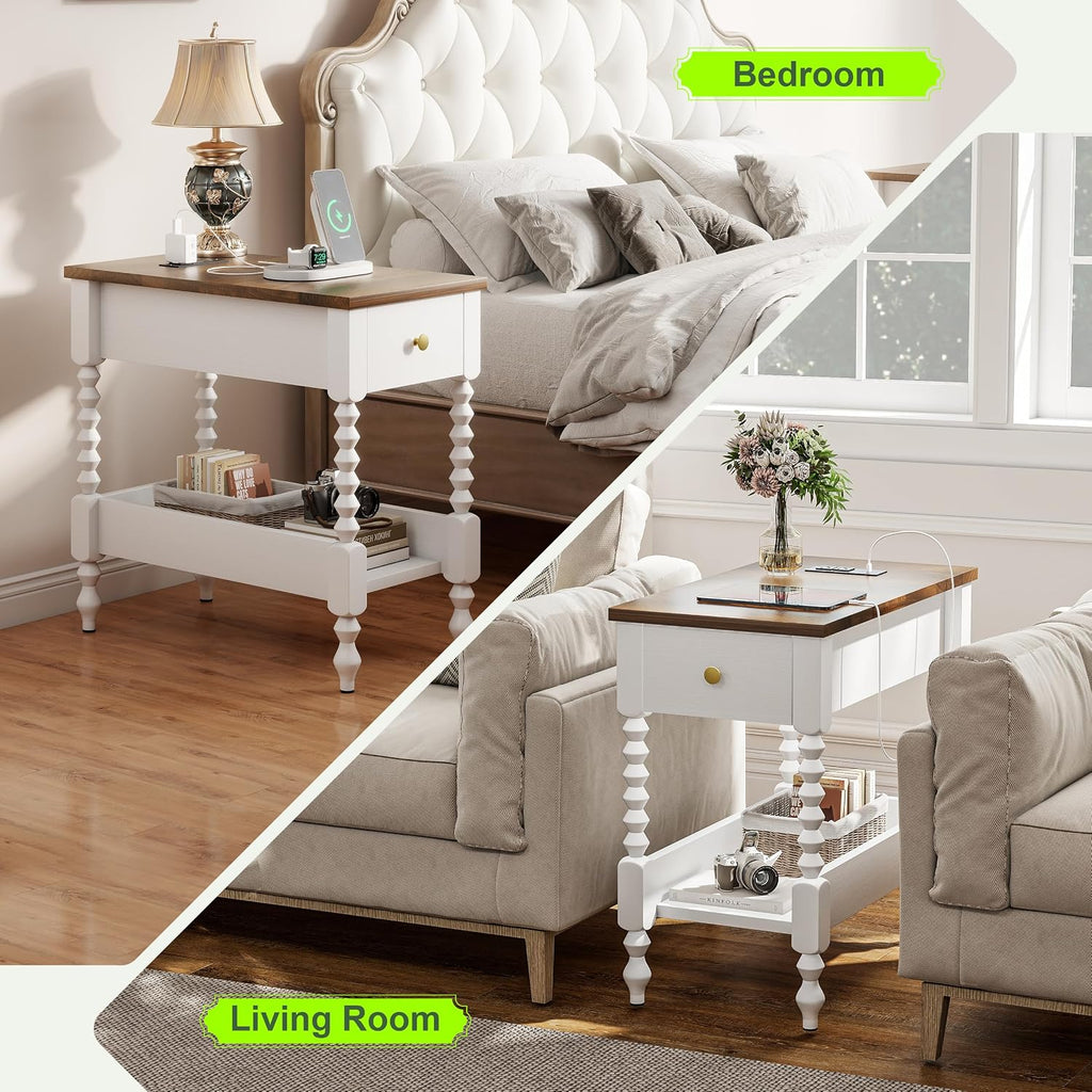 YOSHOOT Farmhouse End Table with Charging Station Set of 2 - Narrow Side Table for Living Room Bedroom Small Space, Wood Nightstand with Drawer and Power Outlets, White