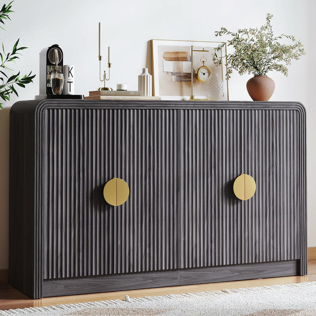 Decofy 55" Buffet Sideboard Cabinet, Modern Mid Century Console Cabinet with Adjustable Shelves & Wavy Grain Doors for Kitchen Cabinets, Living Room, Entryway, Coffee Bar Cabinet (Black Walnut)