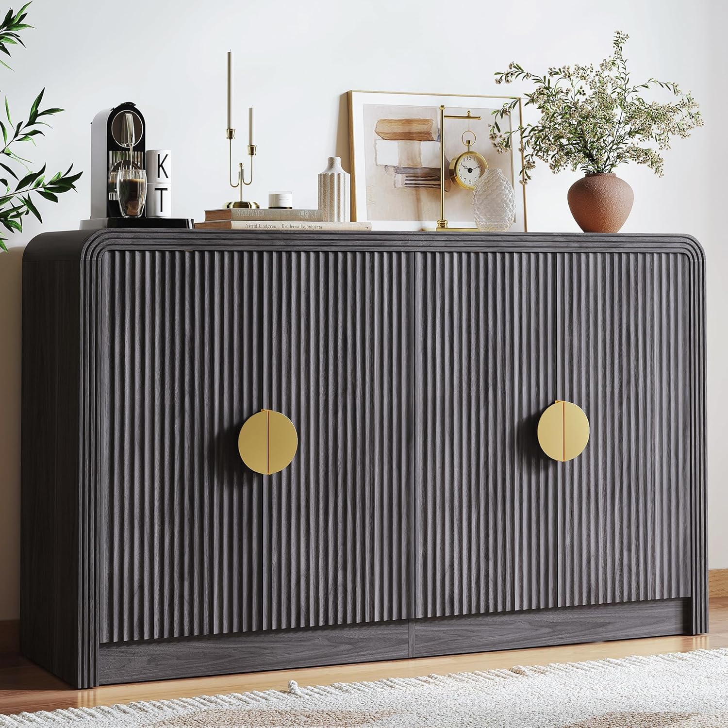 Decofy 55" Buffet Sideboard Cabinet, Modern Mid Century Console Cabinet with Adjustable Shelves & Wavy Grain Doors for Kitchen Cabinets, Living Room, Entryway, Coffee Bar Cabinet (Black Walnut)