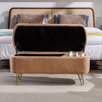Storage Ottoman Bench for End of Bed Gold Legs, Modern Faux Fur Entryway Bench Upholstered Padded with Storage for Living Room Bedroom (Camel)