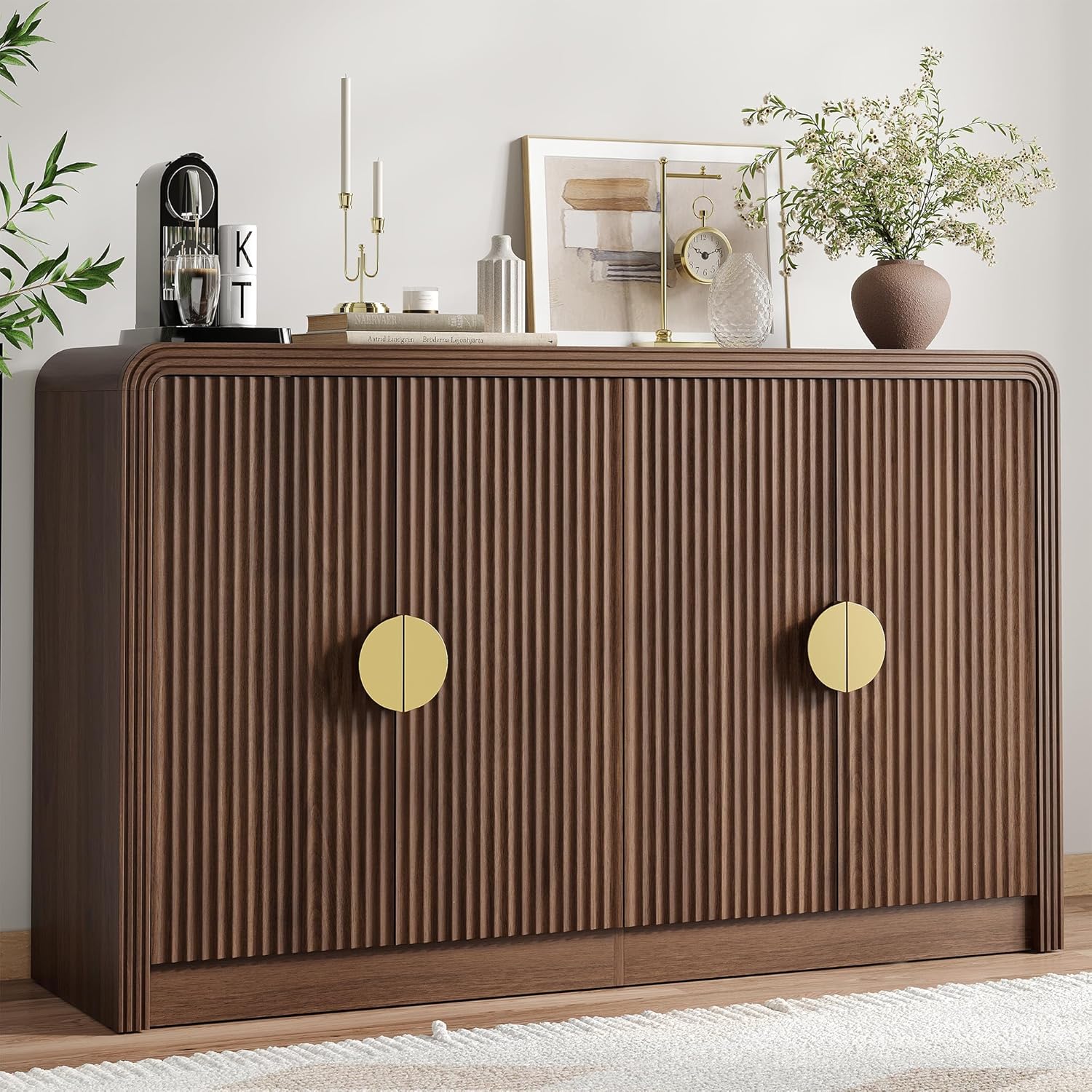 Decofy 55" Buffet Sideboard Cabinet, Mid Century Modern Console Cabinet with Wavy Grain Doors & Adjustable Shelves for Kitchen Cabinets, Living Room, Entryway, Coffee Bar Cabinet, Walnut