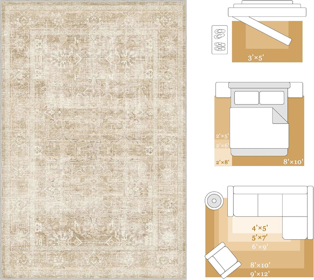 Beauoop 2x6 Hallway Runner Rug Beige Washable Vintage Distressed Neutral Retro Carpet Non Slip Soft Cream Low Pile Indoor Rug for Entryway Kitchen Bedroom Bathroom Laundry Bedside Entrance Living Room