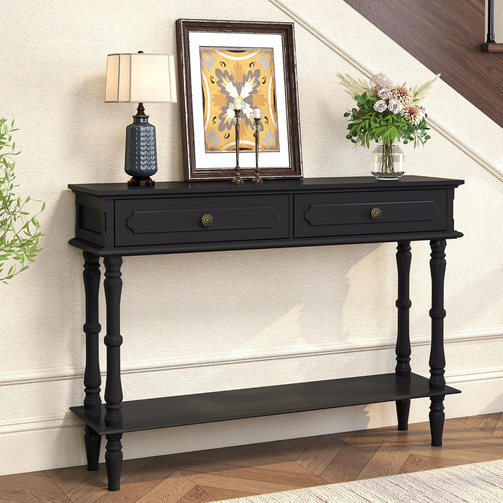 Console Table with 2 Drawers & Open Shelf, Black Retro Entryway Table with Storage Cabinets, Narrow Long Couch Table Behind Sofa for Living Room, Foyer, Hallway