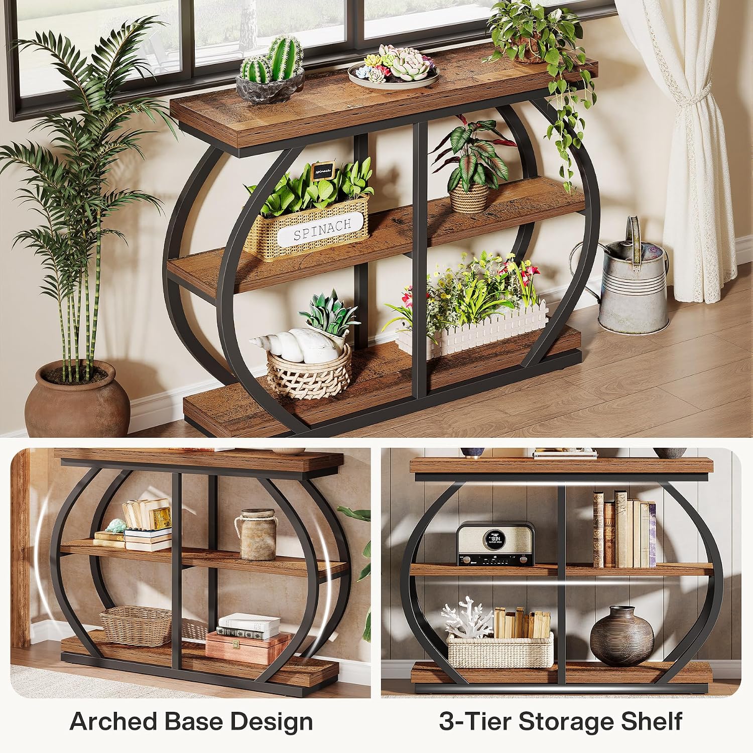 Tribesigns 41.3" Console Table, Industrial 3-Tier Entryway Table with Arched Metal Frame and Storage Shelves for Living Room, Hallway, Mix Brown