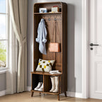 LUVIOHOME Hall Tree with Shoes Bench and Storage, Entryway 66.9" Storage Bench with Coat Rack，Arch Coat Rack with 4 Hooks and 2 Fluted Doors，Multi-Purpose Home Organizer (Walnut)