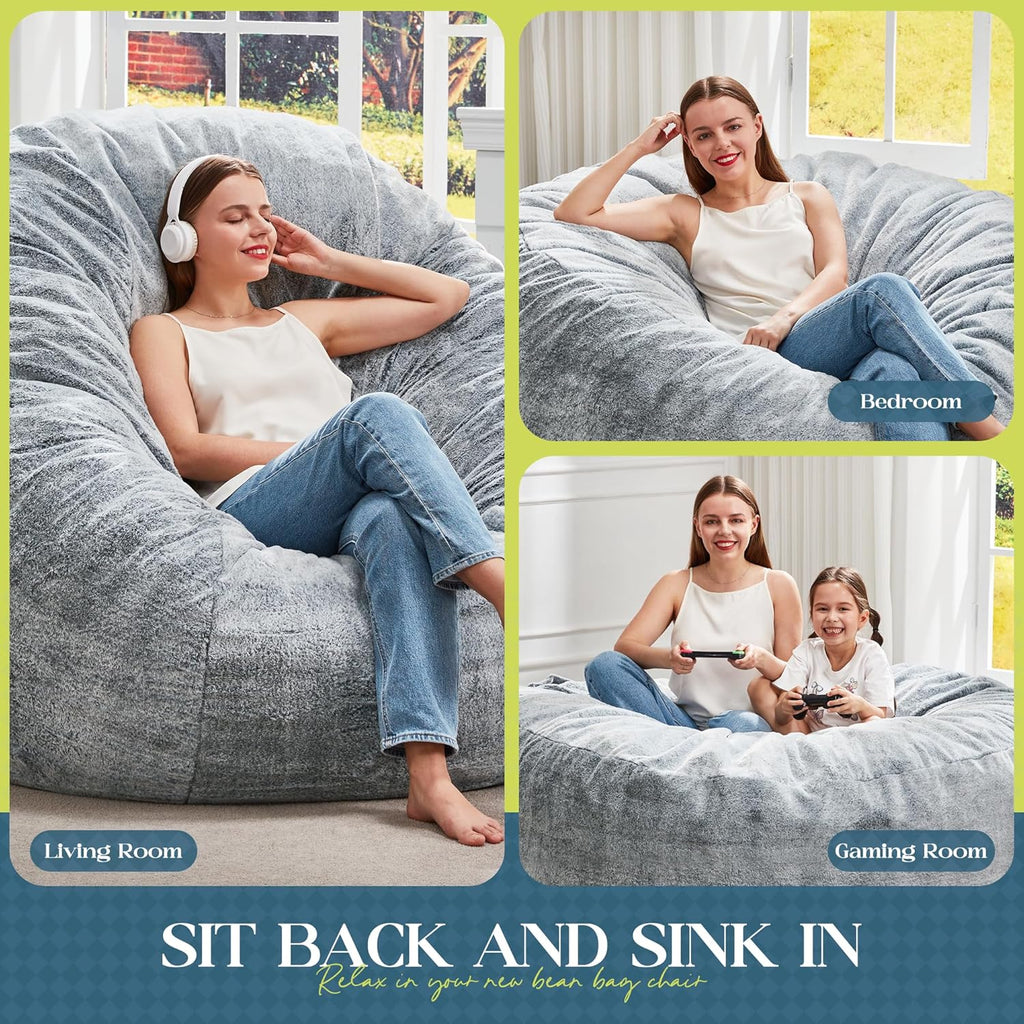 Hobestluk Bean Bag Chair for Adult Giant Beanbag with Filler Grey 3FT | Breathable material Removable Machine Washable Cover Memory Foam Living room Bedroom Reading Gaming Oversized Large Big