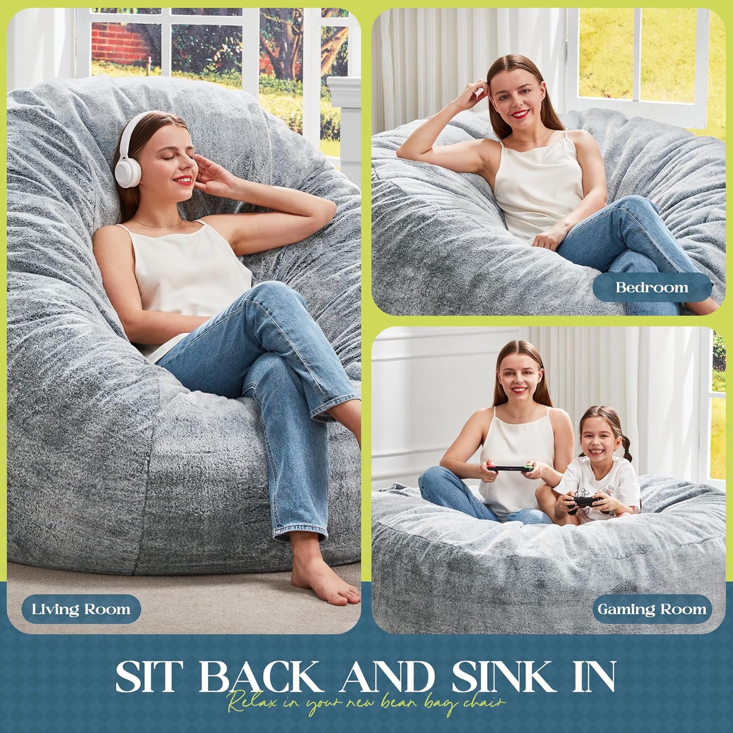 Hobestluk Bean Bag Chair for Adult Giant Beanbag with Filler Grey 3FT | Breathable material Removable Machine Washable Cover Memory Foam Living room Bedroom Reading Gaming Oversized Large Big