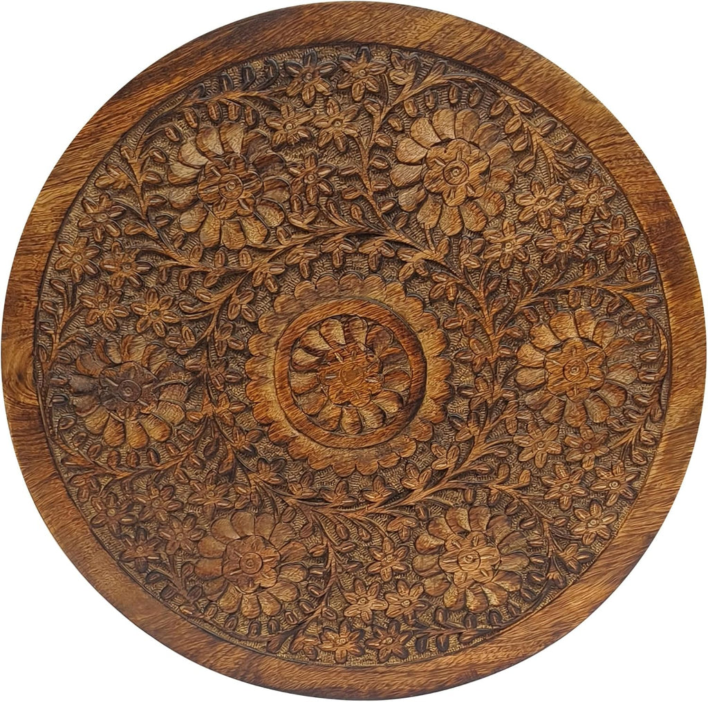 TUP THE URBAN PORT Ari 22 Inch Side End Table, Round Top, Hand Carved Indian Mandala Boho Accent, Brown Mango Wood