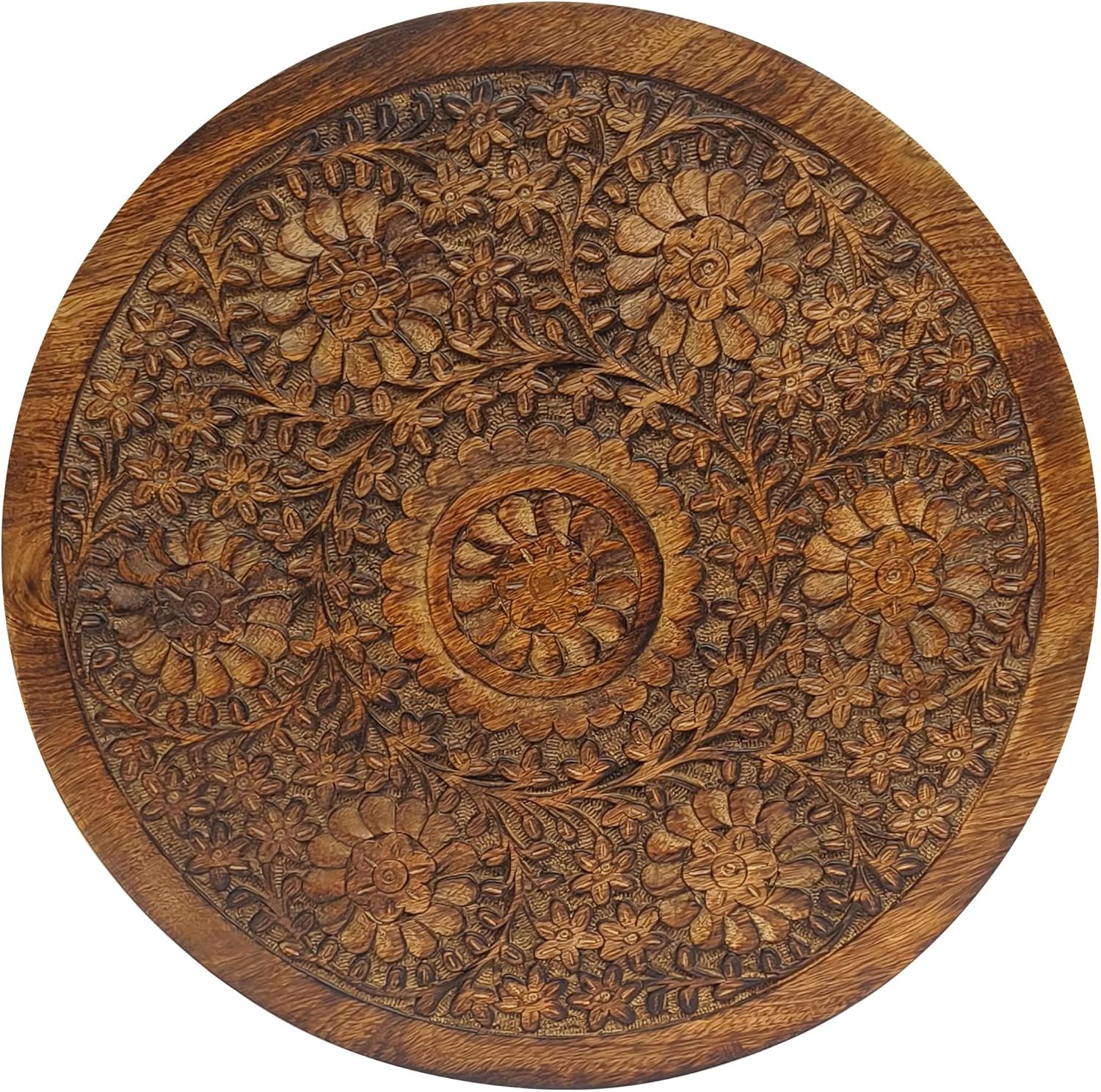 TUP THE URBAN PORT Ari 22 Inch Side End Table, Round Top, Hand Carved Indian Mandala Boho Accent, Brown Mango Wood