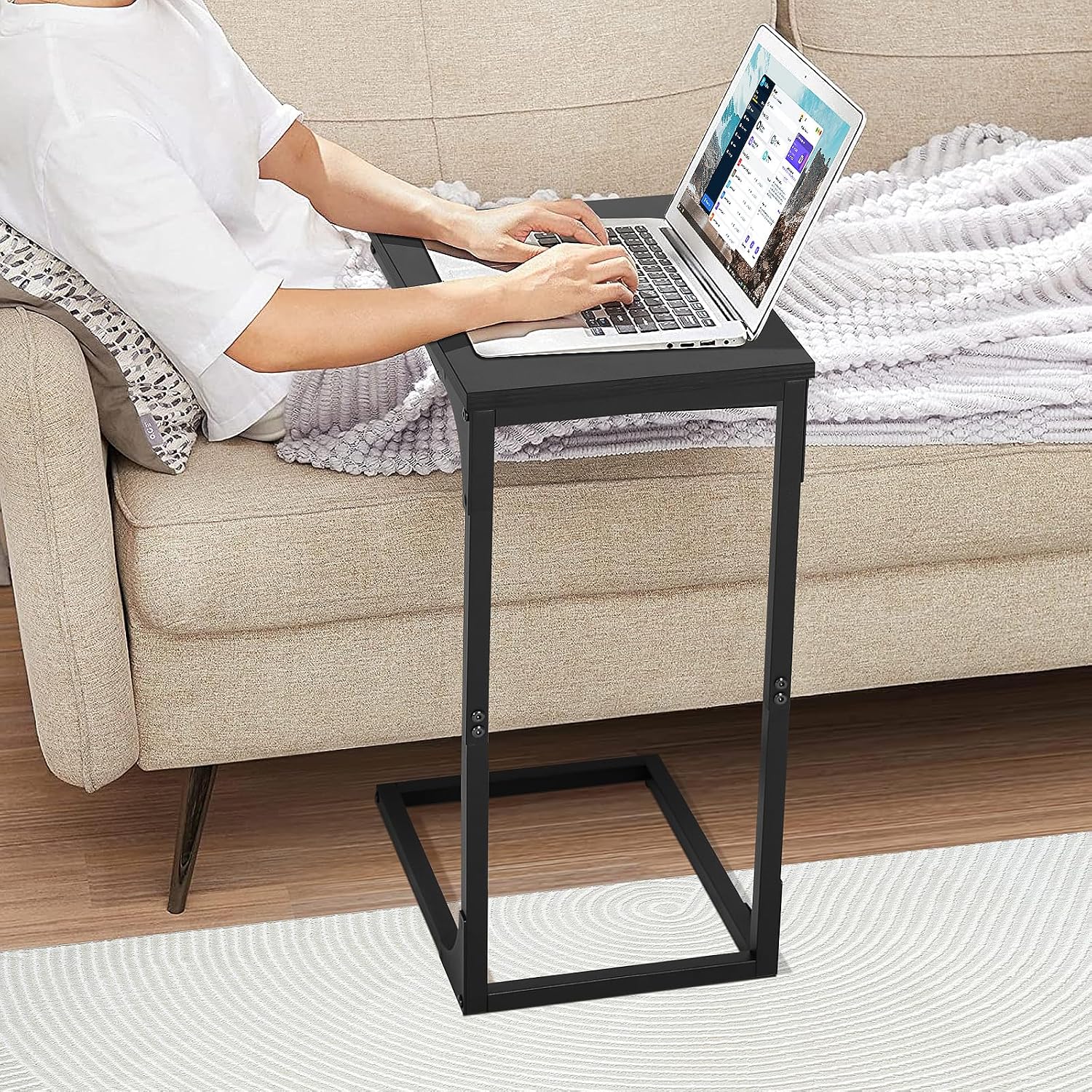 BLKMTY Small Side Table, C-Shaped End Wood Bedside Table, Snack Side Tables for Sofa, Couch, Living Room, Bedroom, Narrow Tables with Metal Frame & Adjustable Feet, Black