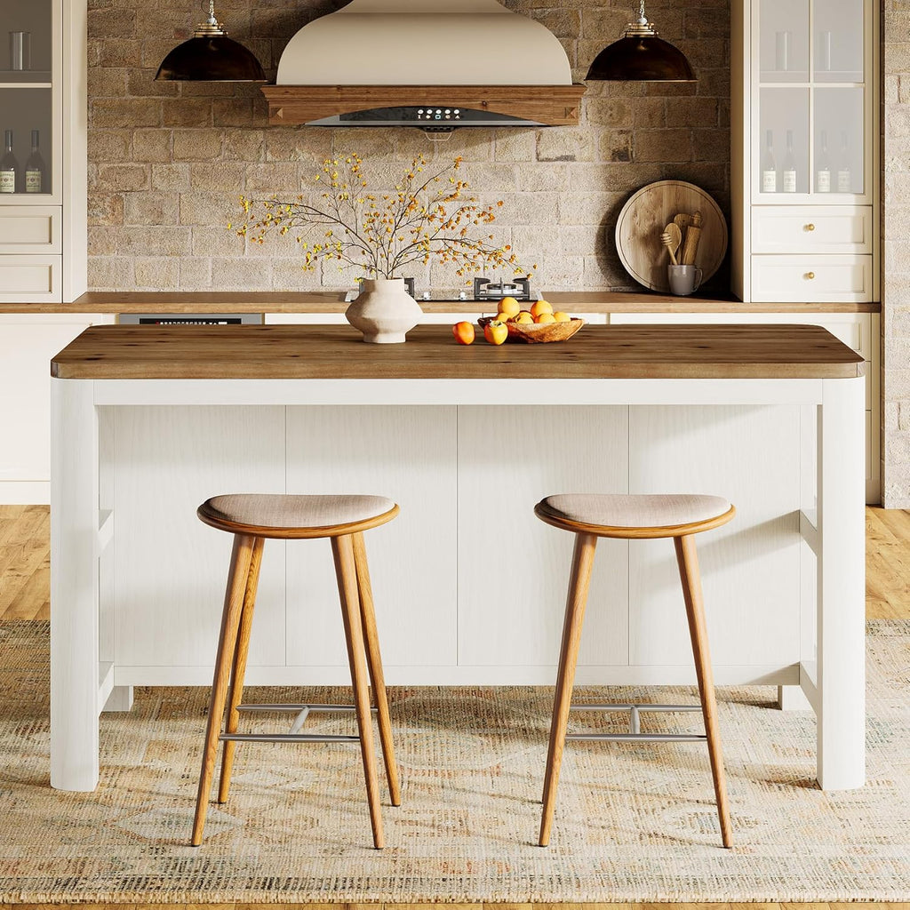 63-Inch Solid Wood Kitchen Island with Storage Shelves, Farmhouse Island Table with Seating, Counter Height Bar Table for Dining Room, Kitchen, Easy to Assemble, White and Brown