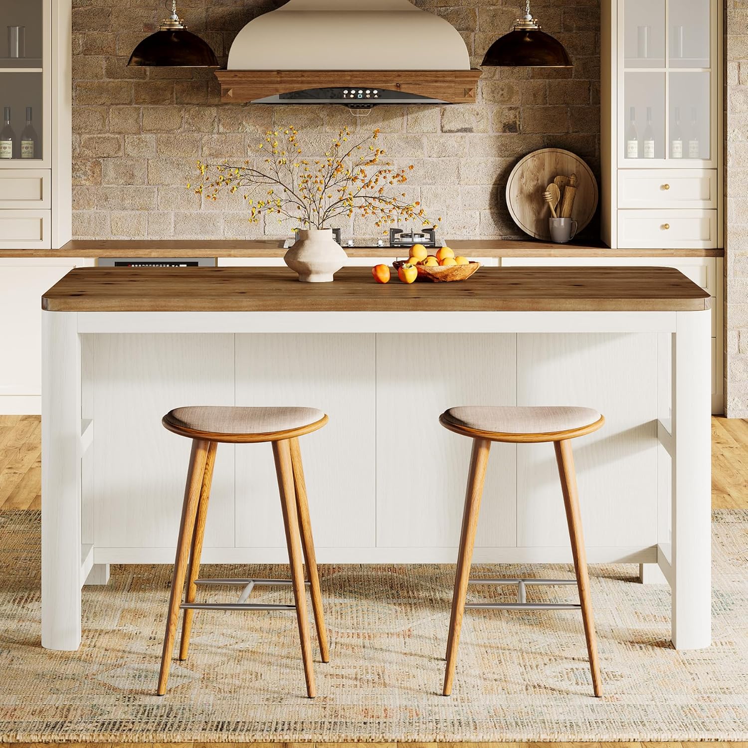 63-Inch Solid Wood Kitchen Island with Storage Shelves, Farmhouse Island Table with Seating, Counter Height Bar Table for Dining Room, Kitchen, Easy to Assemble, White and Brown