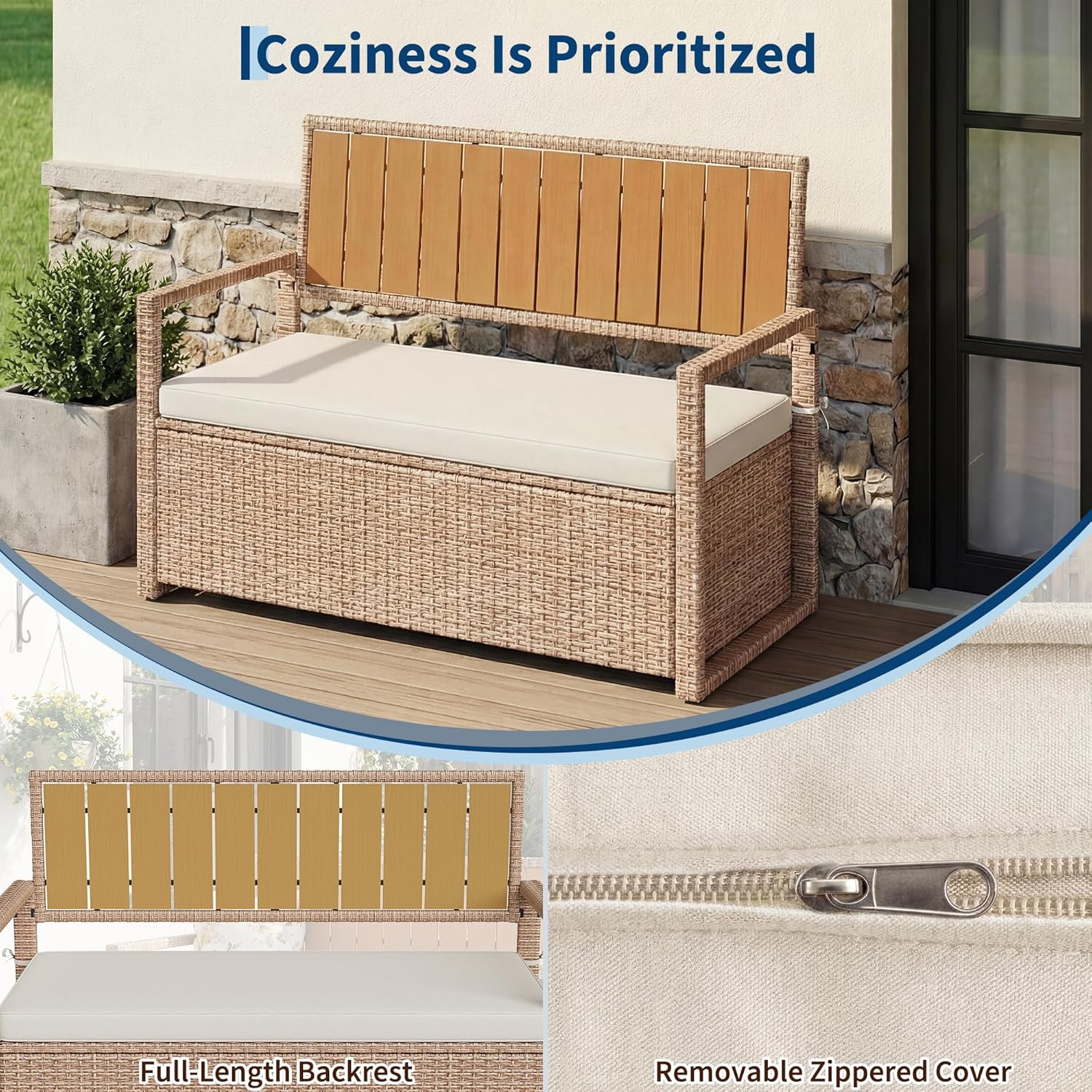 75 Gallon Outdoor Storage Bench, 2-Seater PE Rattan Deck Box with Cushion & Backrest, Waterproof Patio Seat with Acacia Wood Armrests & Metal Frame for Porch, Backyard, Garden, Poolside