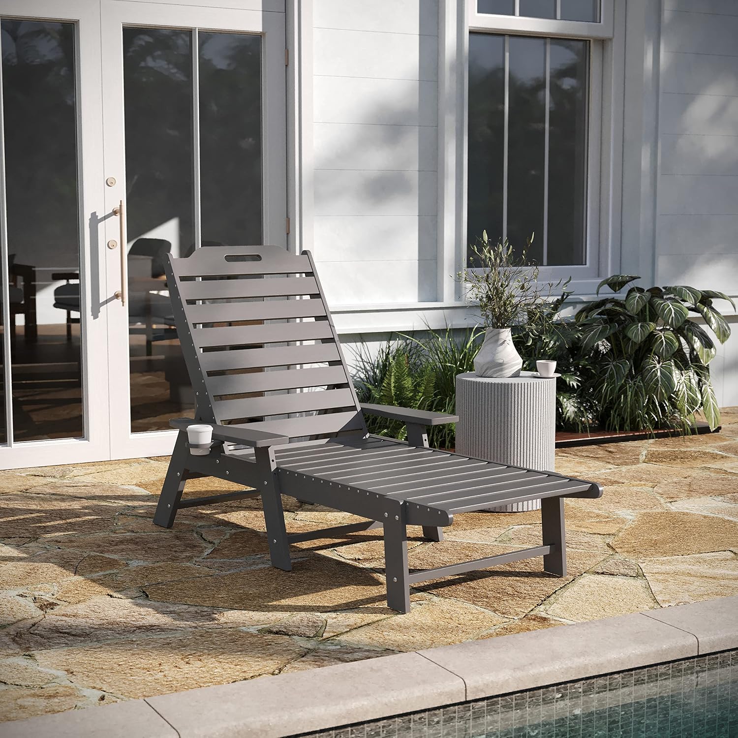 Taylor & Logan Edgley Adjustable Adirondack Lounger with Cup Holder- All-Weather Indoor/Outdoor HDPE Lounge Chair in Gray