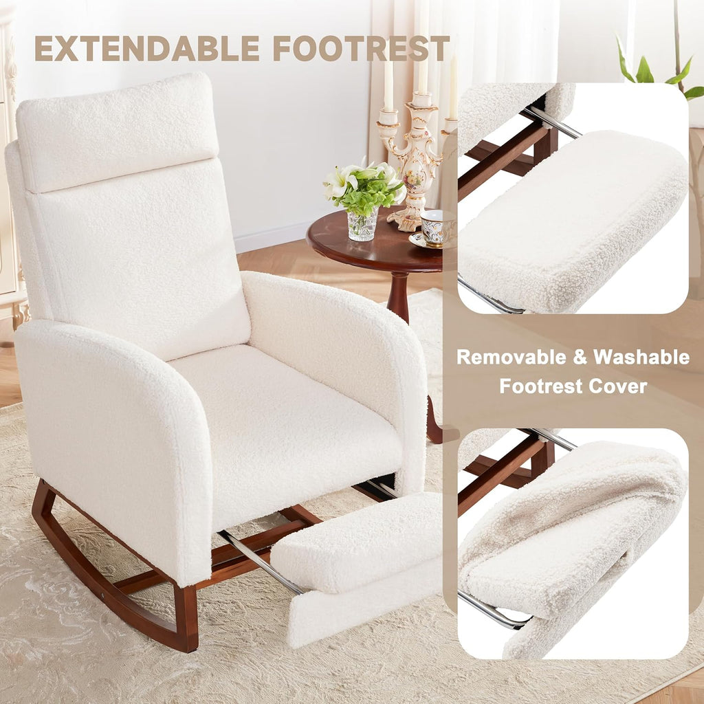 Rocking Chair Nursery Teddy High Back Rest Glider Rocker with Footrest Nursing Rocking Chairs Upholstered Accent Arm Chair for Living Room Bedroom Indoor, Teddy White