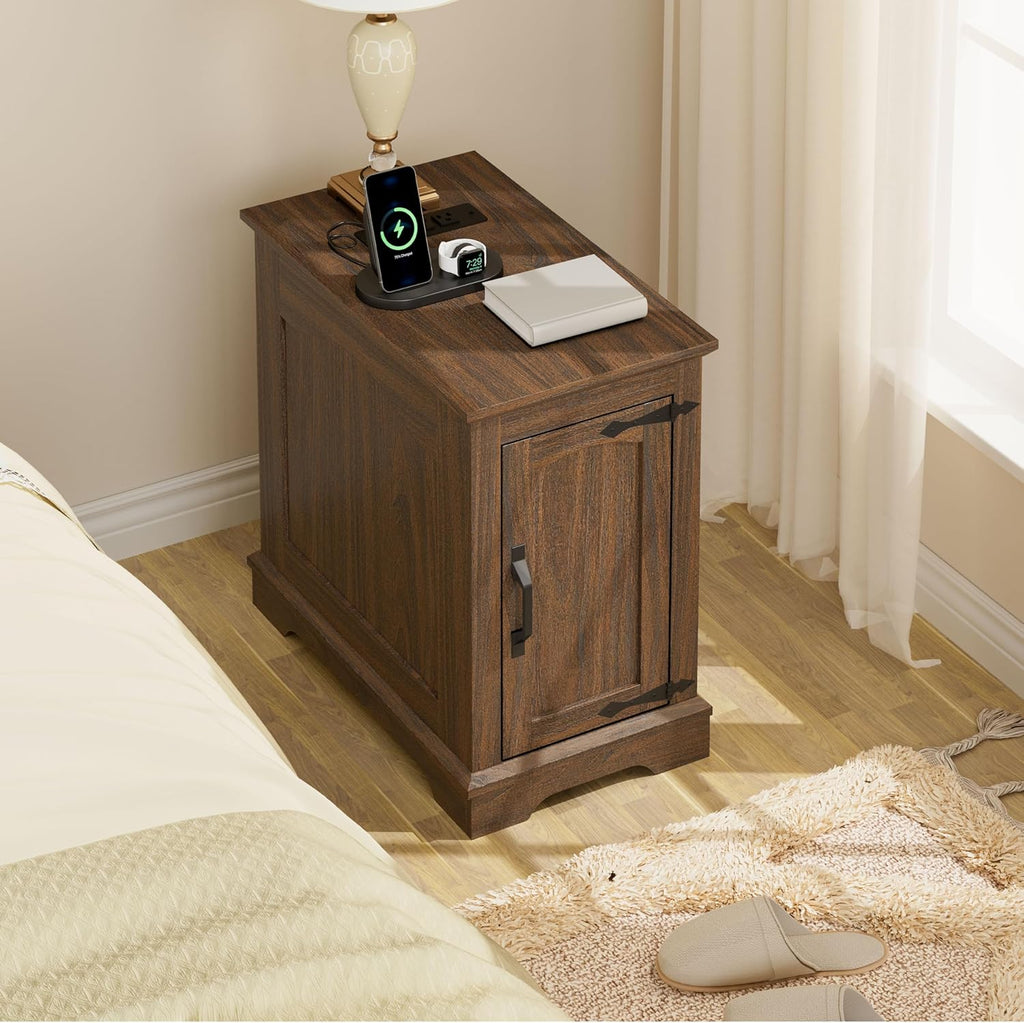 End Tables Set of 2 with Charging Station,Narrow Side Table with Storage for Sofa Couch or Bed Side, Farmhouse Nightstand with Wood Door for Bedroom Living Room(Walnut)